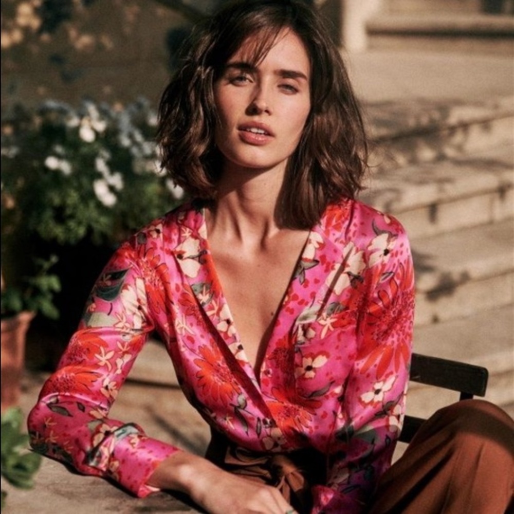 Sezane pink floral blouse